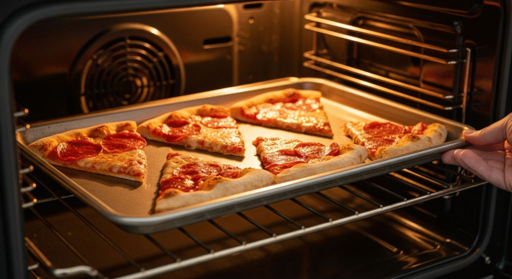 how long is pizza good for in the fridge - A baking sheet with two slices of pizza being placed into a hot, illuminated oven to be reheated until the crust is crispy.