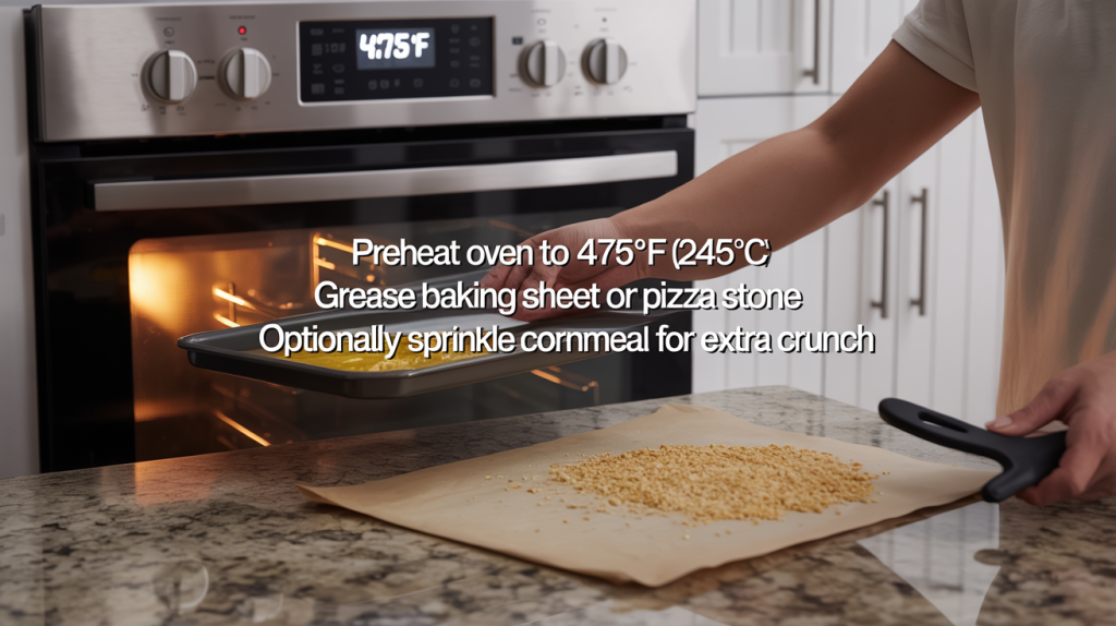 6. Preheat and Prepare

Preheat oven to 475°F (246°C).

Grease baking sheet or pizza stone.

Optionally sprinkle cornmeal for extra crunch.