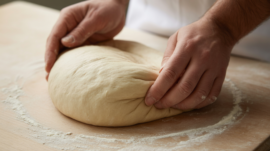 3. Knead the Dough

Transfer dough to a lightly floured surface.

Knead for 5–7 minutes until smooth, stretchy, and soft.

Well-kneaded dough should spring back when pressed.
